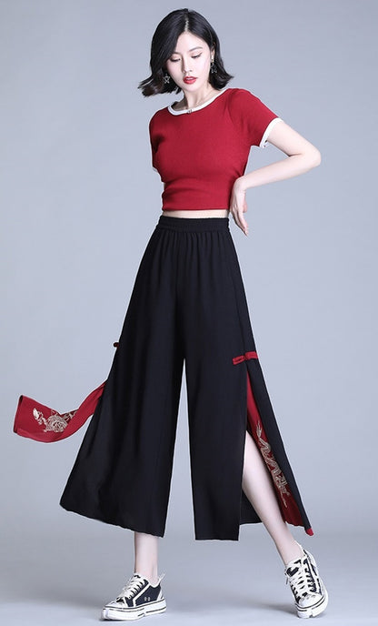 Side Slit Chinese Style Loose Cropped Trousers - Urban Nomads