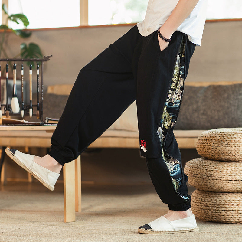 Men's Chinese Style Embroidered Linen Trousers - Urban Nomads