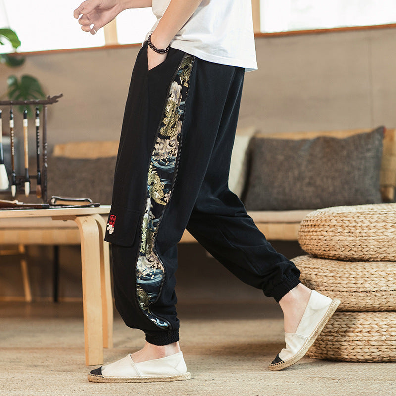 Men's Chinese Style Embroidered Linen Trousers - Urban Nomads