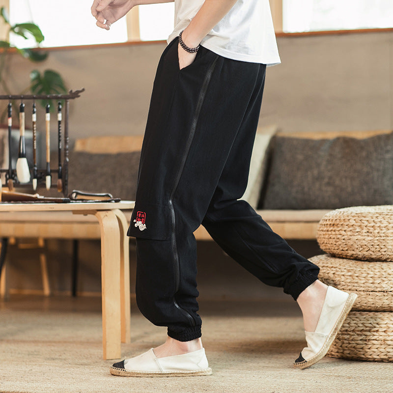 Men's Chinese Style Embroidered Linen Trousers - Urban Nomads