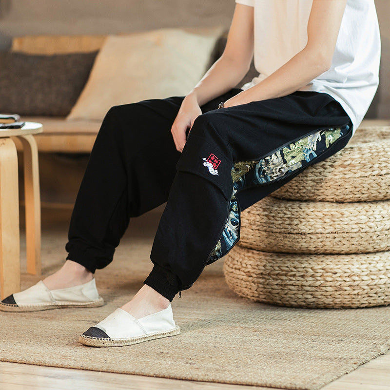 Men's Chinese Style Embroidered Linen Trousers - Urban Nomads