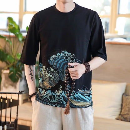 Chinese style print short sleeve men's top - Urban Nomads