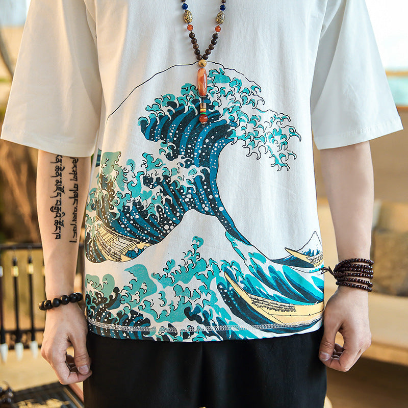 Chinese style print short sleeve men's top - Urban Nomads