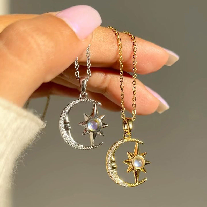 Moon Star Zircon Pendant Necklace Stainless Steel - Urban Nomads